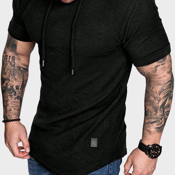 New Mens Lightweight Polyester Dark Grey Hooded Sweatshirt Short Sleeves - Picture 7 of 7